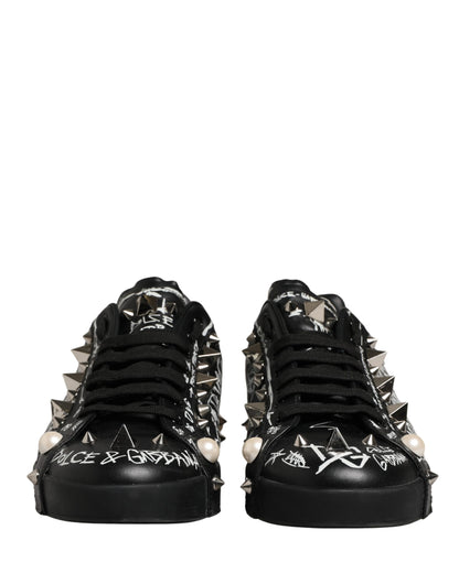 Dolce & Gabbana Black Portofino Graffiti Stud Sneakers - Preowned