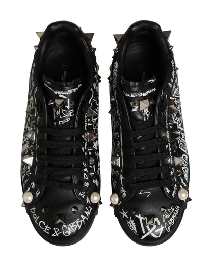Dolce & Gabbana Black Portofino Graffiti Stud Sneakers - Preowned