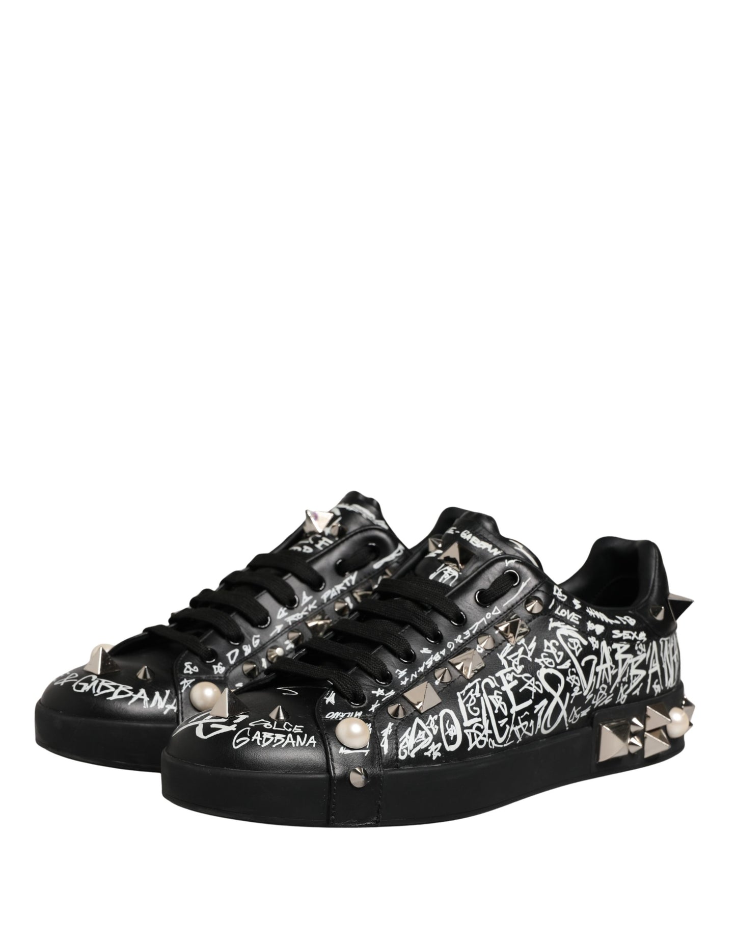 Dolce & Gabbana Black Portofino Graffiti Stud Sneakers - Preowned