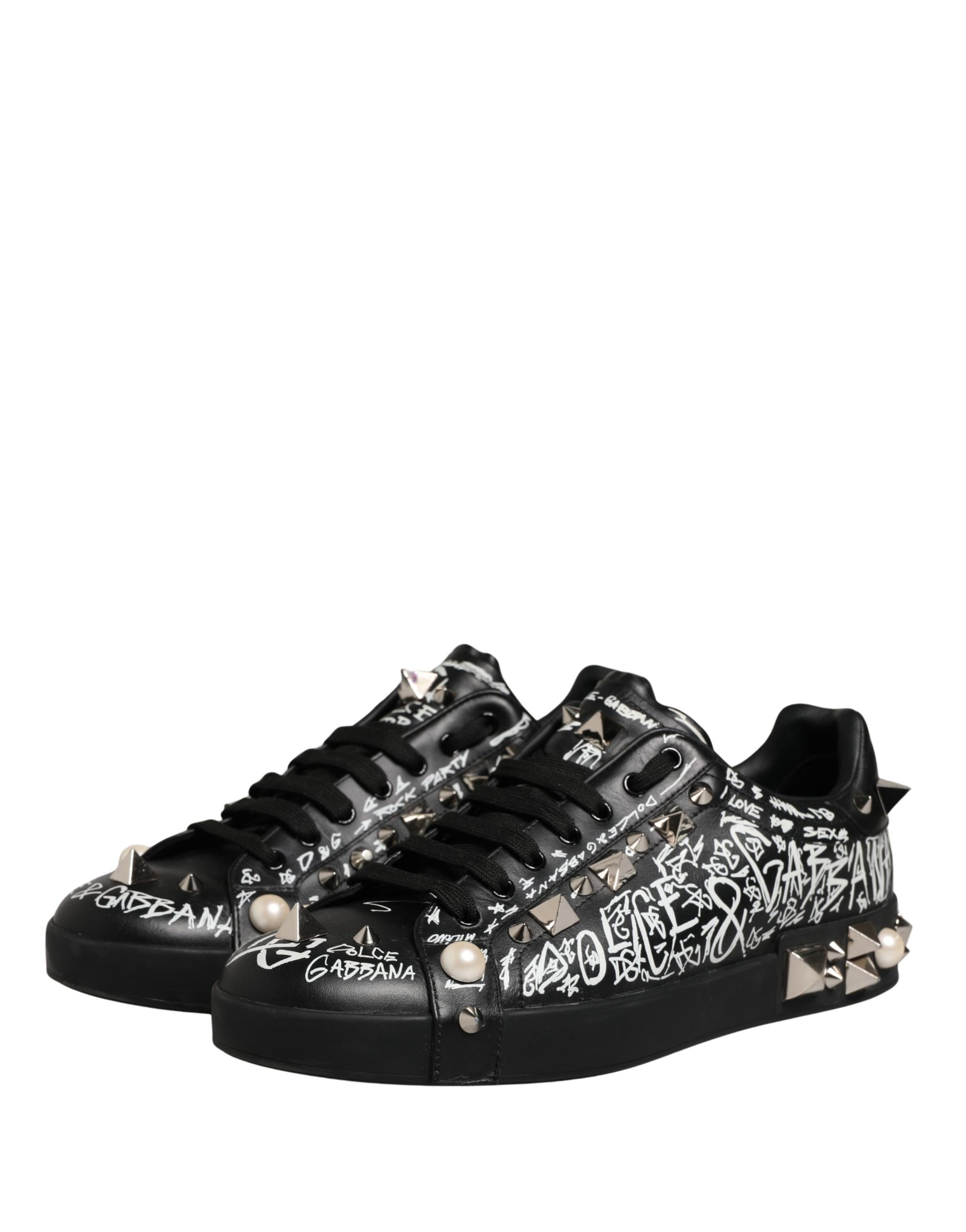 Dolce & Gabbana Black Portofino Graffiti Stud Sneakers - Preowned