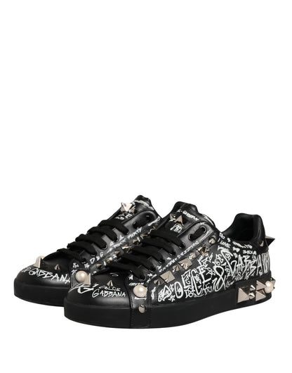 Dolce & Gabbana Black Portofino Graffiti Stud Sneakers - Preowned