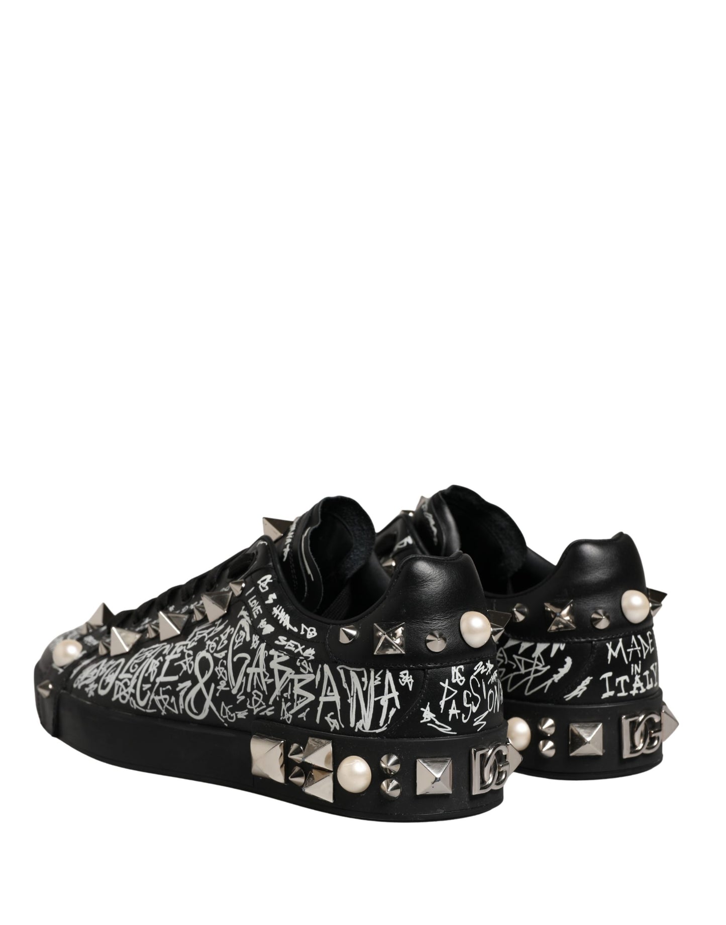 Dolce & Gabbana Black Portofino Graffiti Stud Sneakers - Preowned