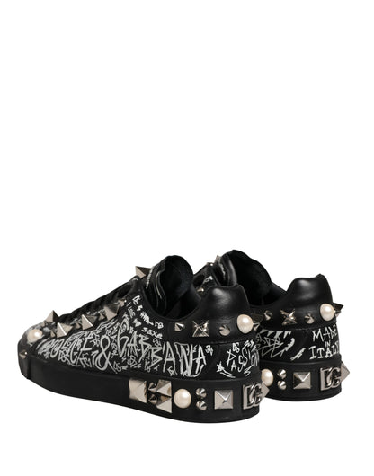 Dolce & Gabbana Black Portofino Graffiti Stud Sneakers - Preowned