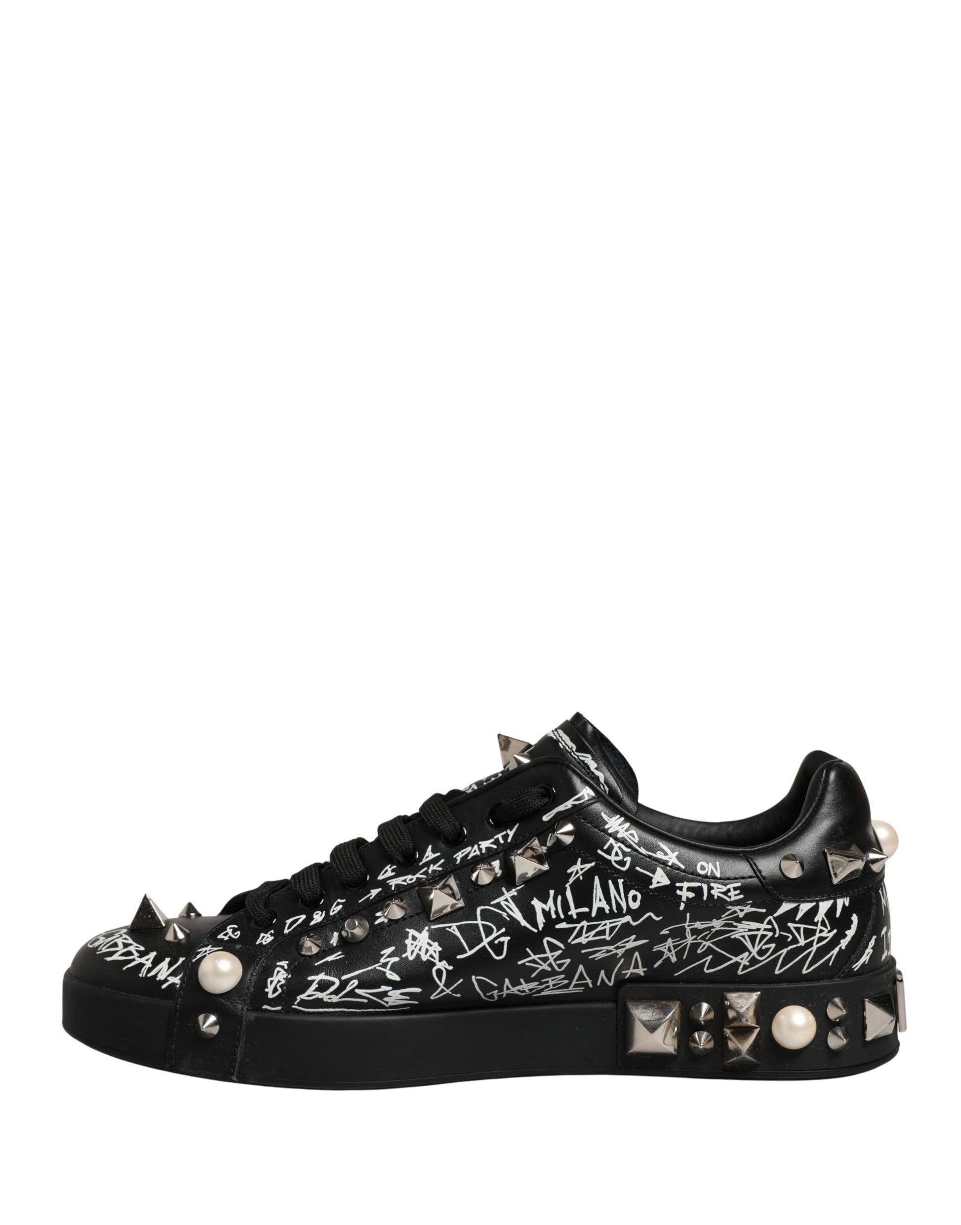 Dolce & Gabbana Black Portofino Graffiti Stud Sneakers - Preowned