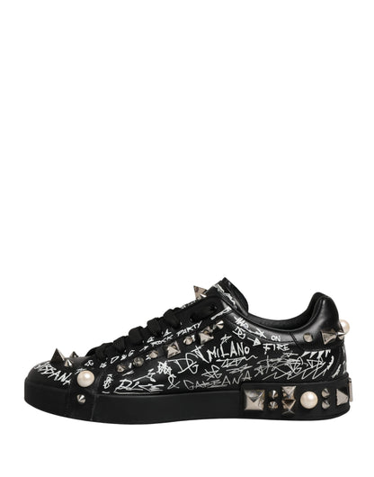 Dolce & Gabbana Black Portofino Graffiti Stud Sneakers - Preowned