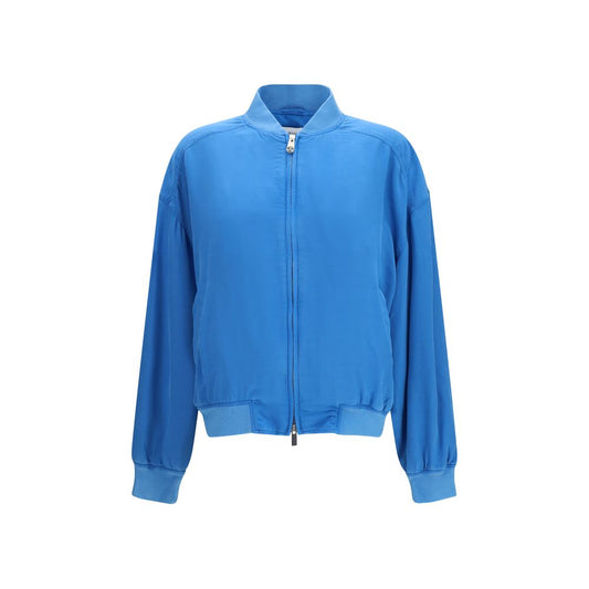 Versace Blue Silk Zipper Bomber Jacket