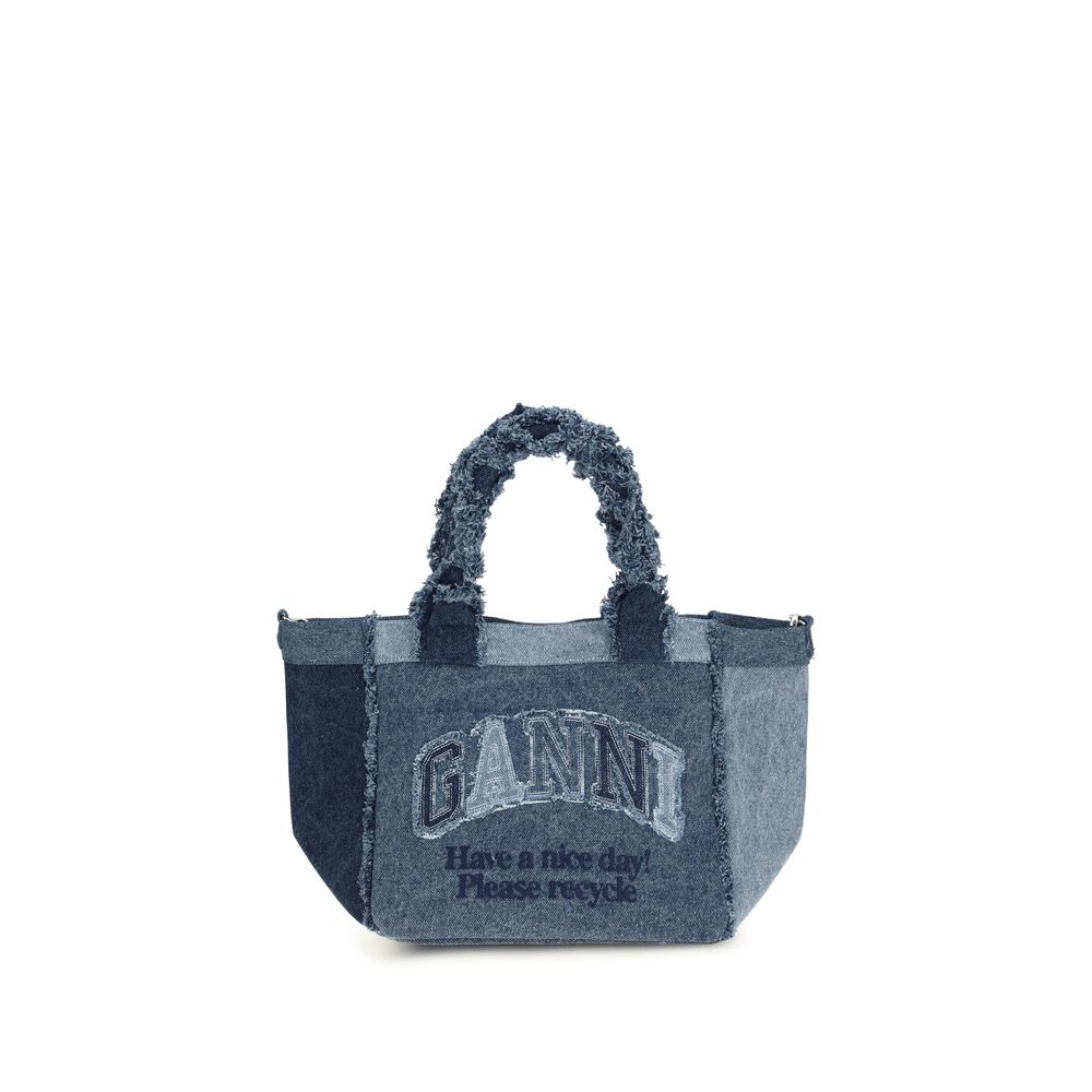 Ganni Blue Cotton Handbag - Small Trapeze Denim Shopper