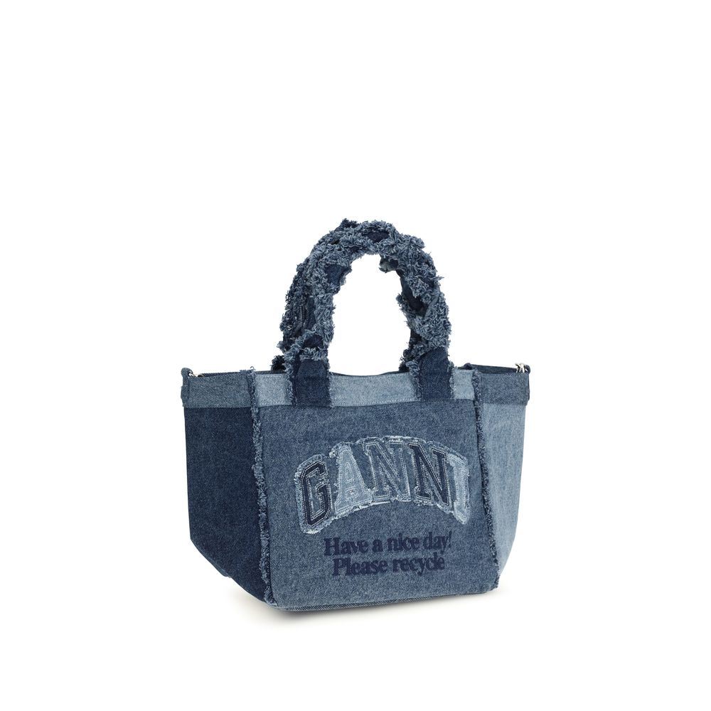 Ganni Blue Cotton Handbag - Small Trapeze Denim Shopper