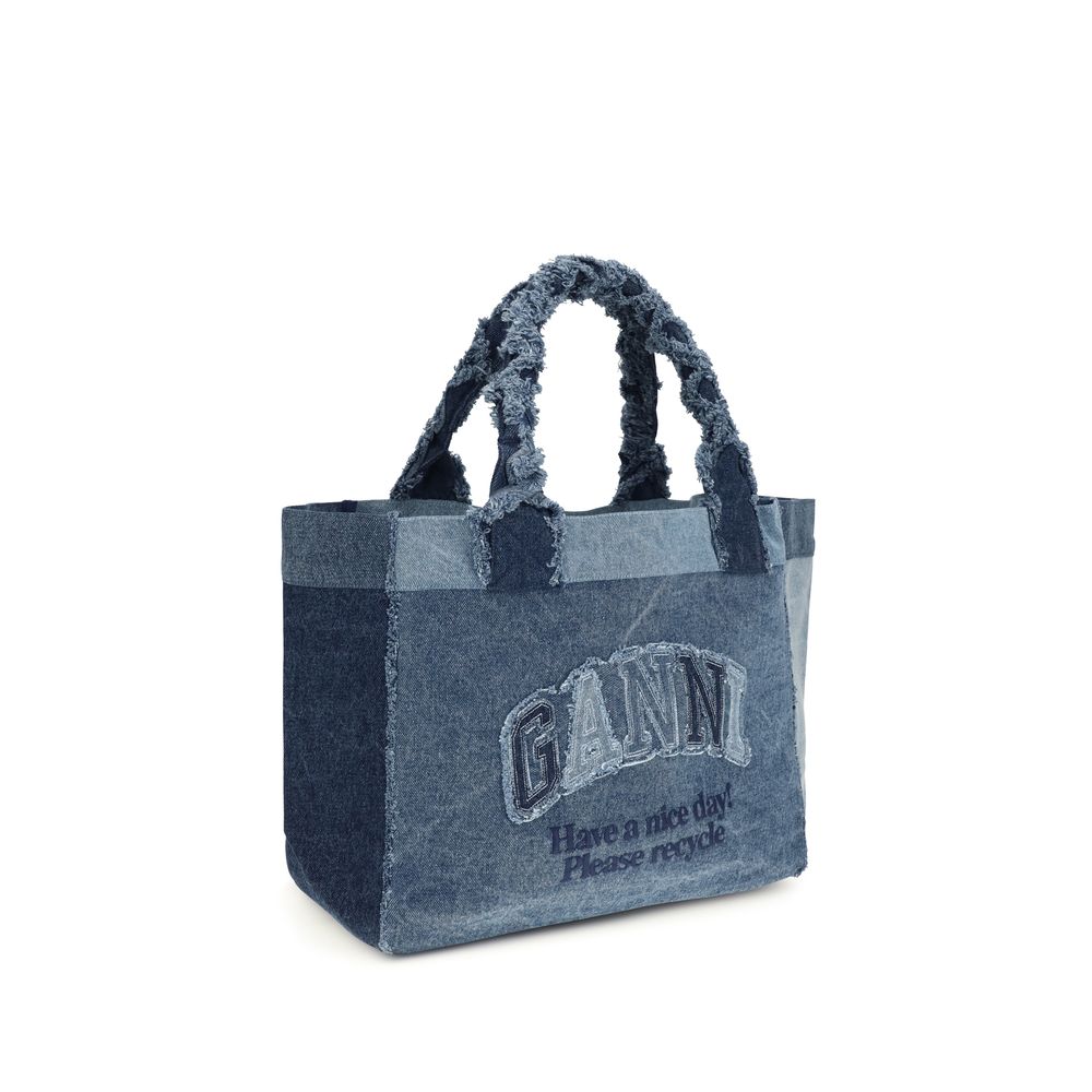 Ganni Blue Cotton Handbag: Medium Trapeze Denim Shopper