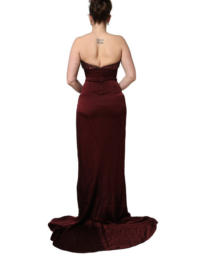 Dolce & Gabbana Maroon Embellished V-neck Evening Gown Dress