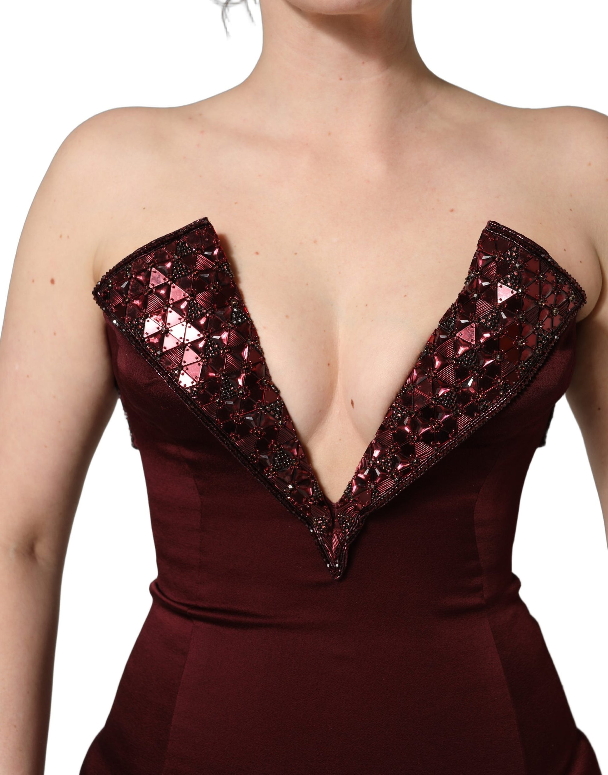 Dolce & Gabbana Maroon Embellished V-neck Evening Gown Dress