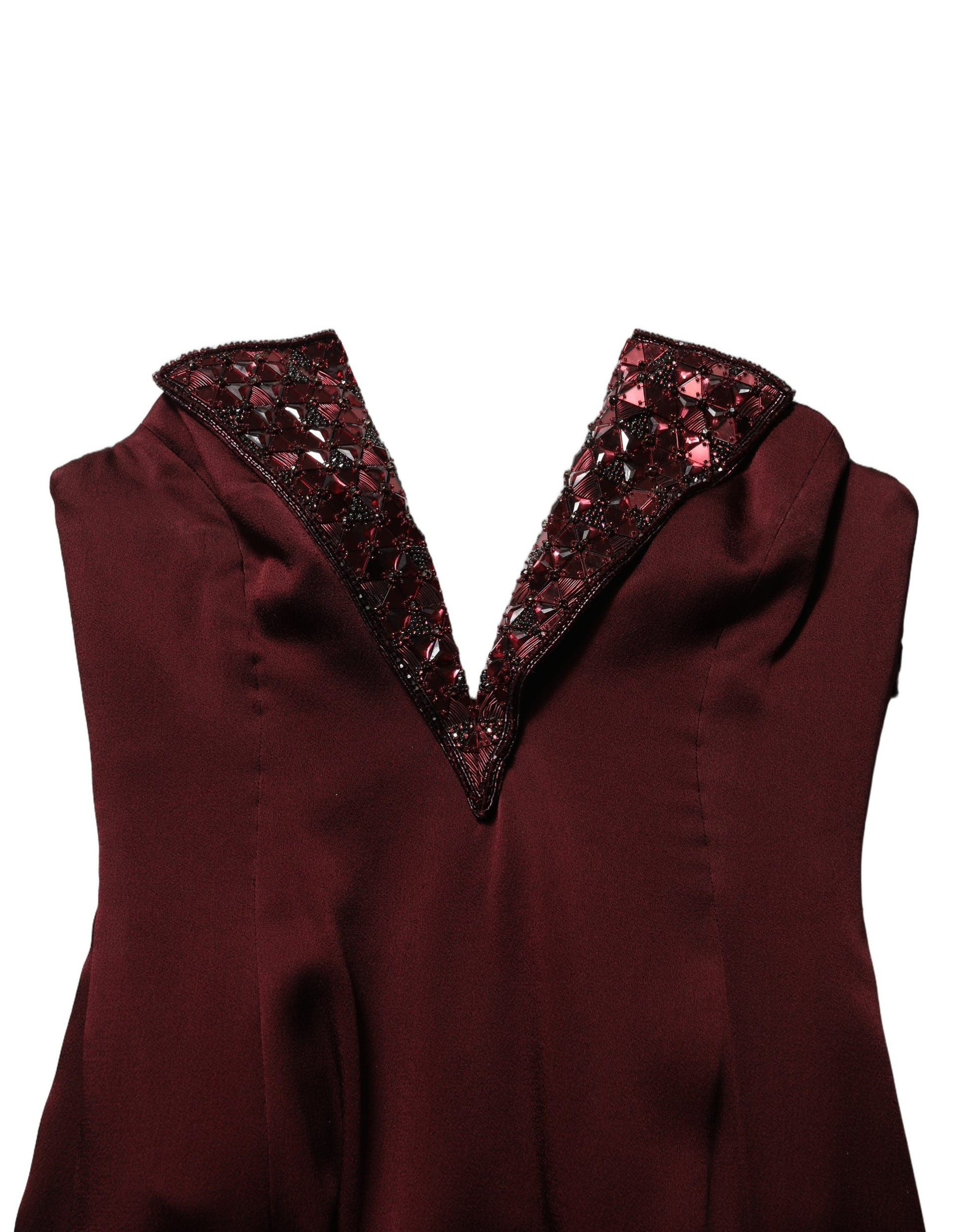 Dolce & Gabbana Maroon Embellished V-neck Evening Gown Dress