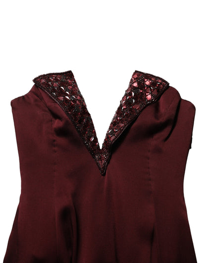 Dolce & Gabbana Maroon Embellished V-neck Evening Gown Dress