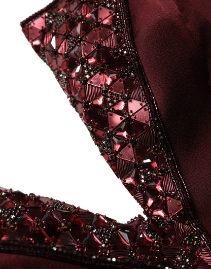 Dolce & Gabbana Maroon Embellished V-neck Evening Gown Dress