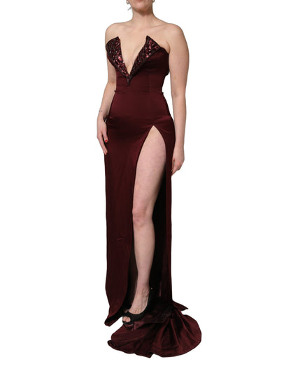 Dolce & Gabbana Maroon Embellished V-neck Evening Gown Dress