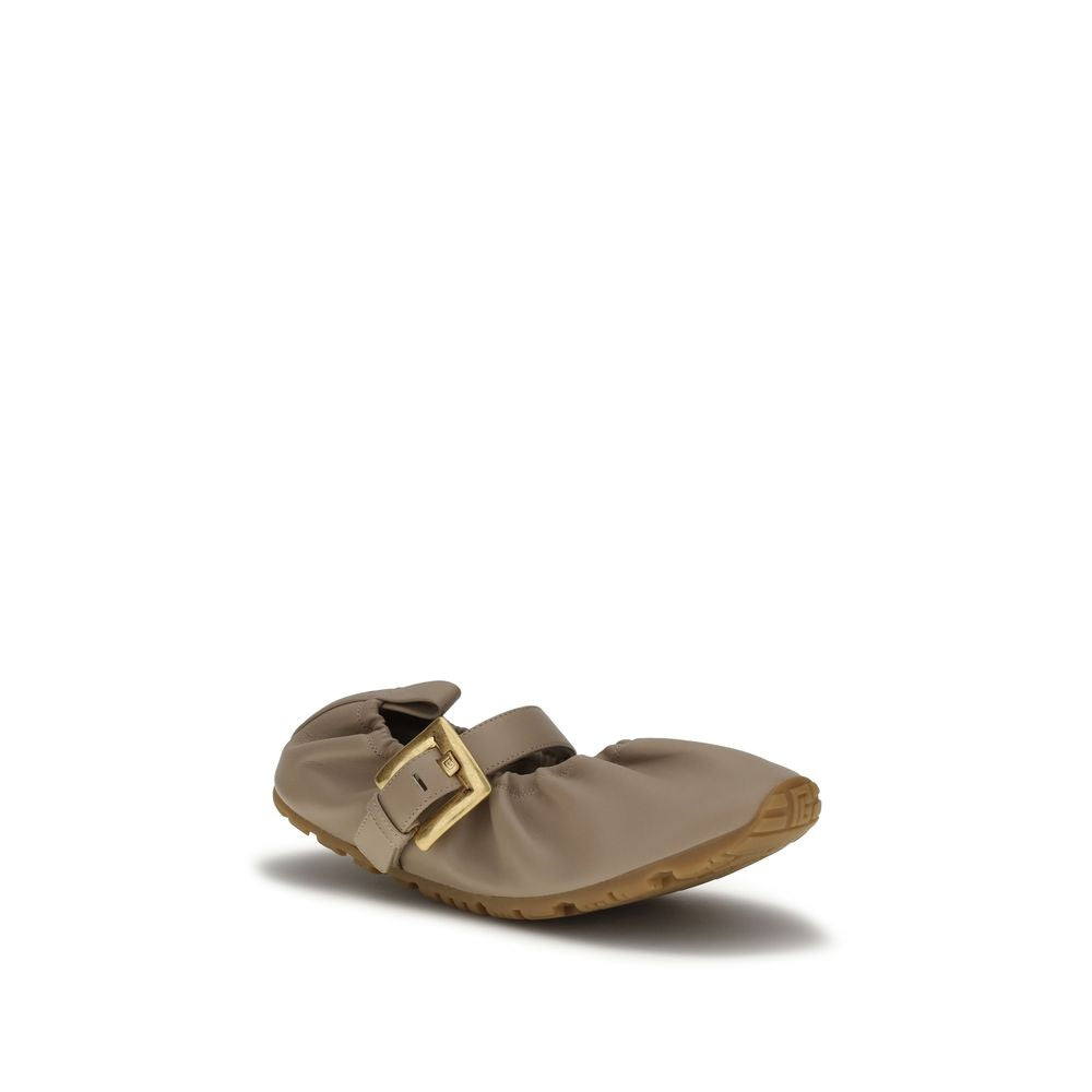 Balmain Beige Calf Leather Buckle Strap Ballerina Ballet Flats