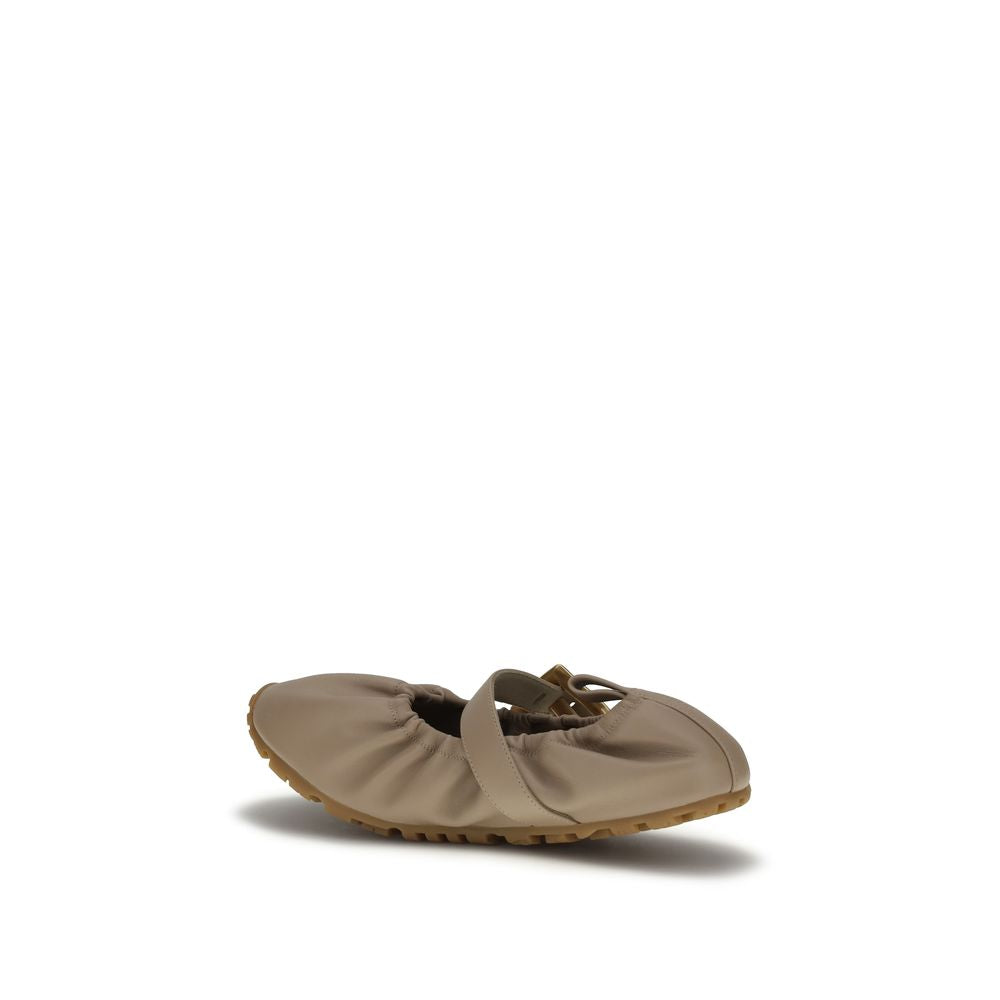 Balmain Beige Calf Leather Buckle Strap Ballerina Ballet Flats