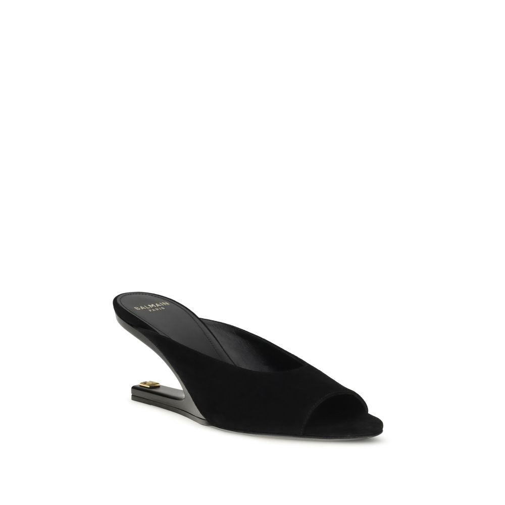 Balmain Black Calf Leather Suede Open-Toe Mules