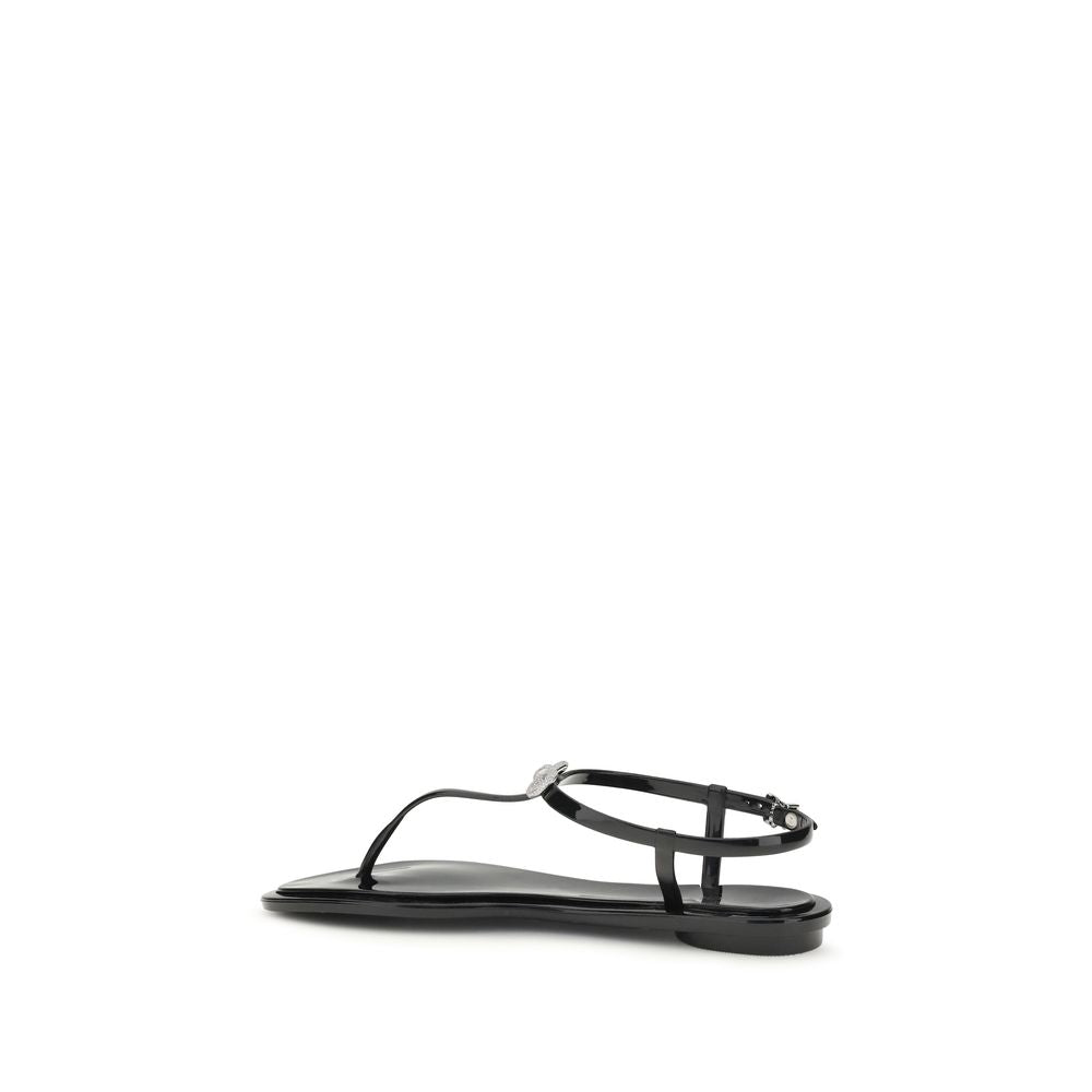 MACH & MACH Double Bow Black Rubber Flat Sandals
