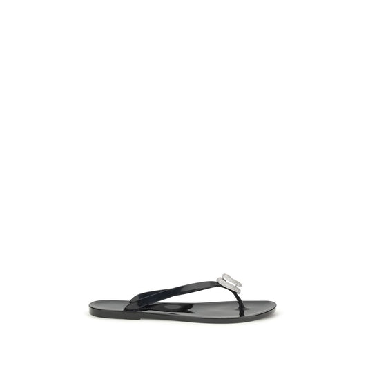 MACH & MACH Black Rubber Flat Sandals - Double Heart Thong Sandals