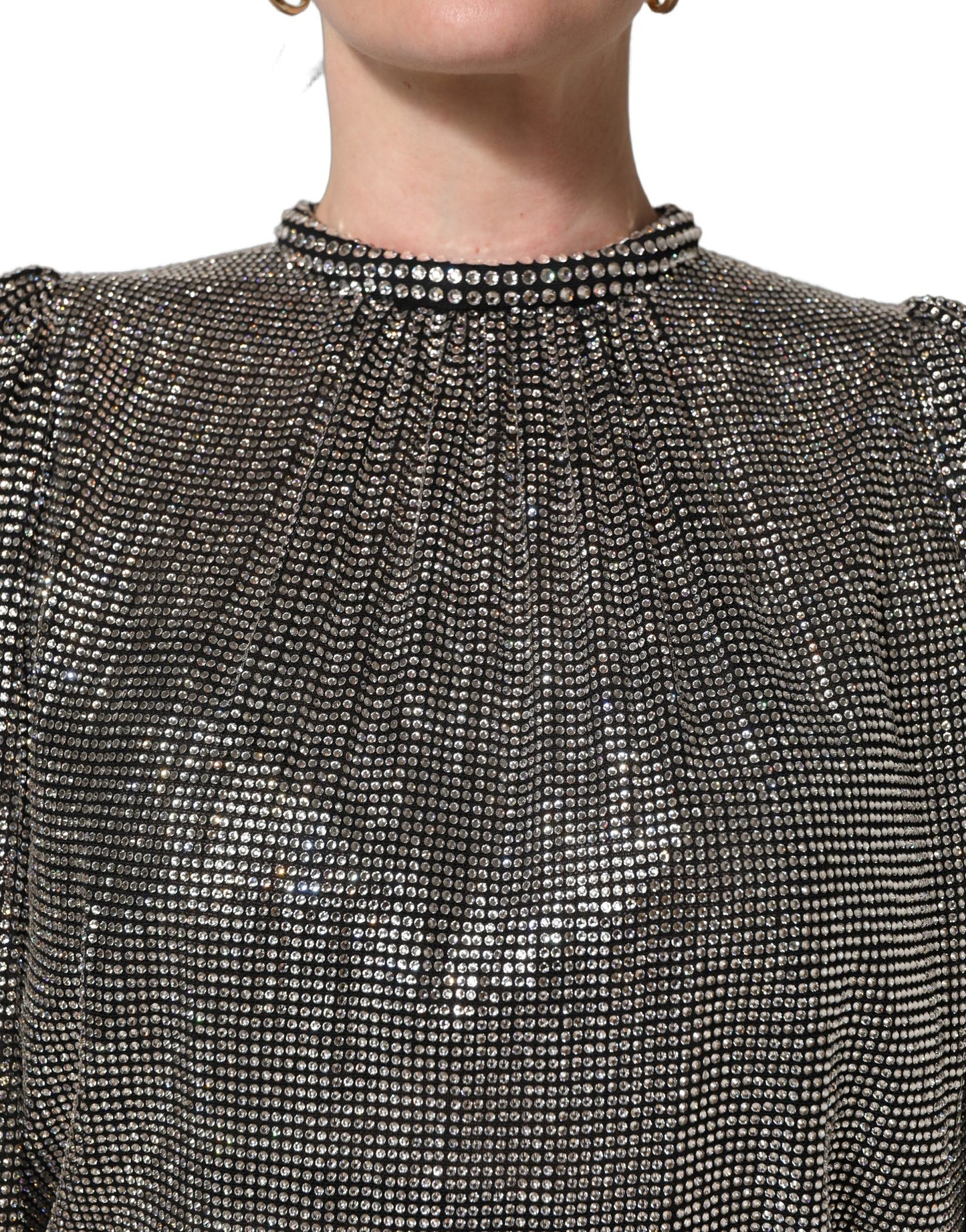Dolce & Gabbana Silver Rhinestones Long Sleeves Bodysuit