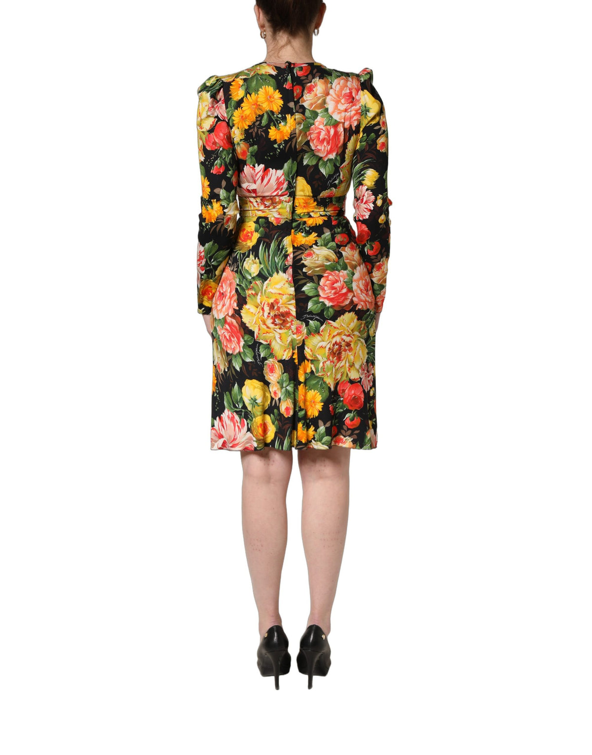 Dolce & Gabbana Multicolor Floral Print Long Sleeve Midi Dress