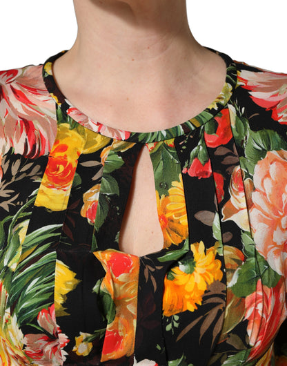Dolce & Gabbana Multicolor Floral Print Long Sleeve Midi Dress