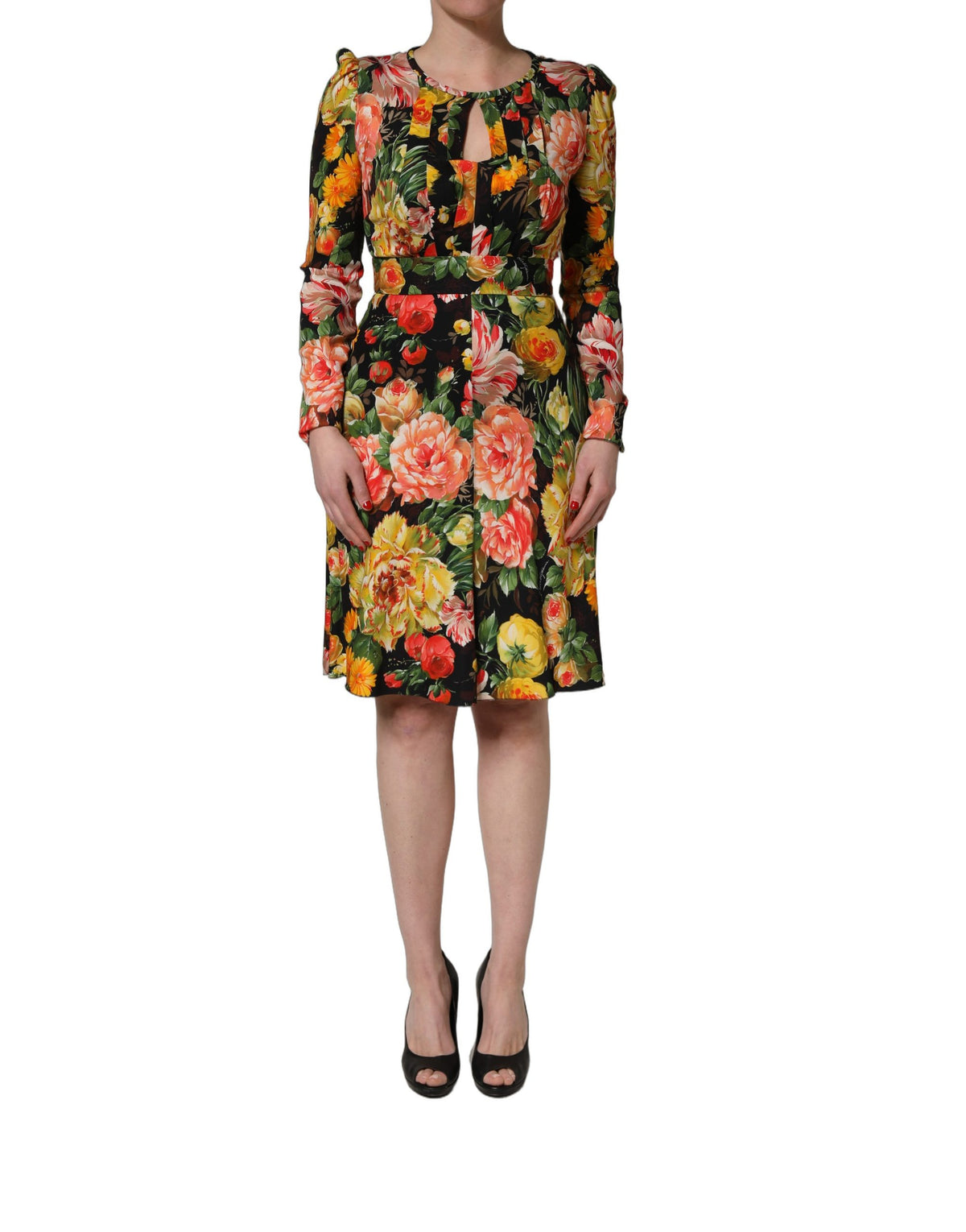 Dolce & Gabbana Multicolor Floral Print Long Sleeve Midi Dress