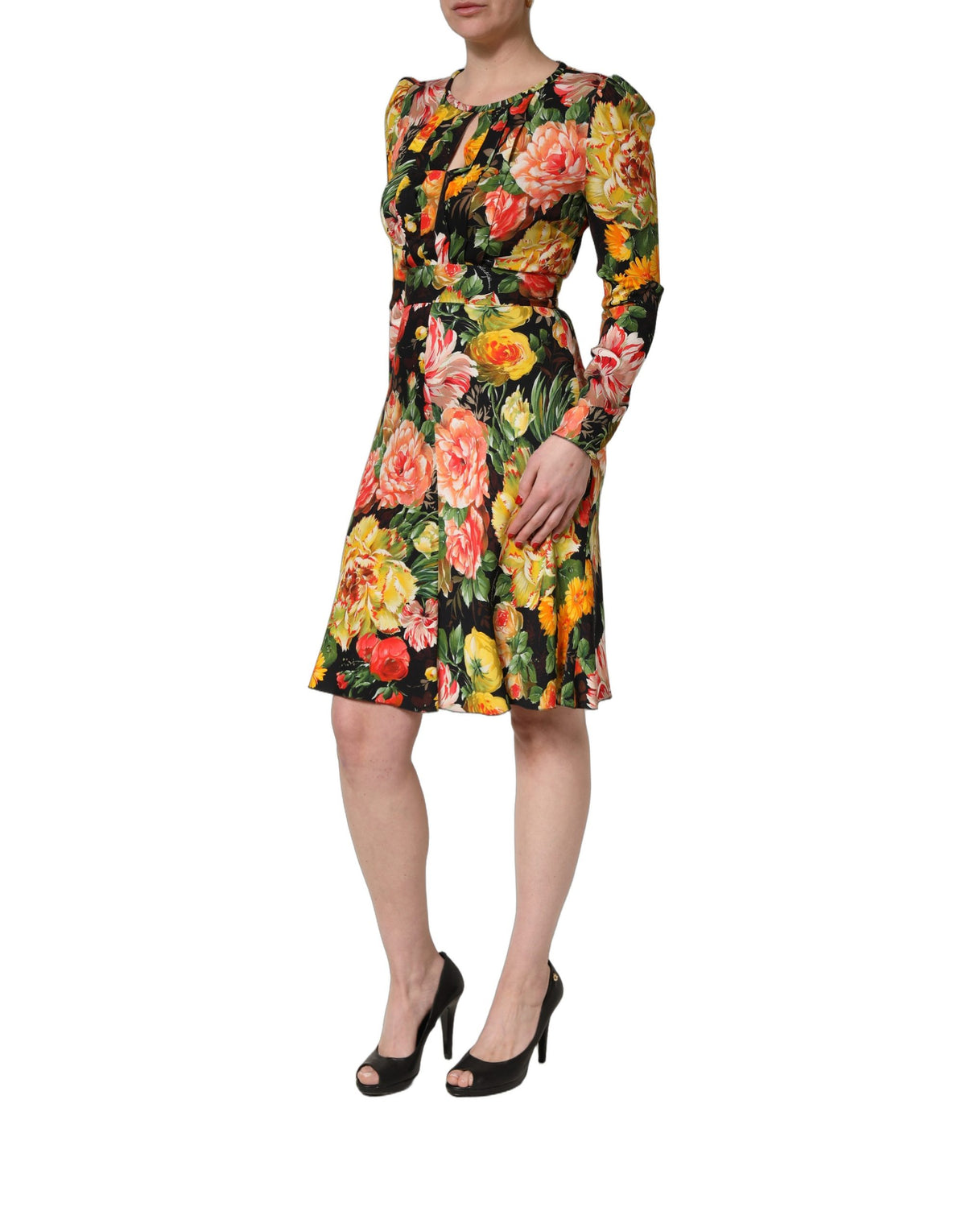 Dolce & Gabbana Multicolor Floral Print Long Sleeve Midi Dress