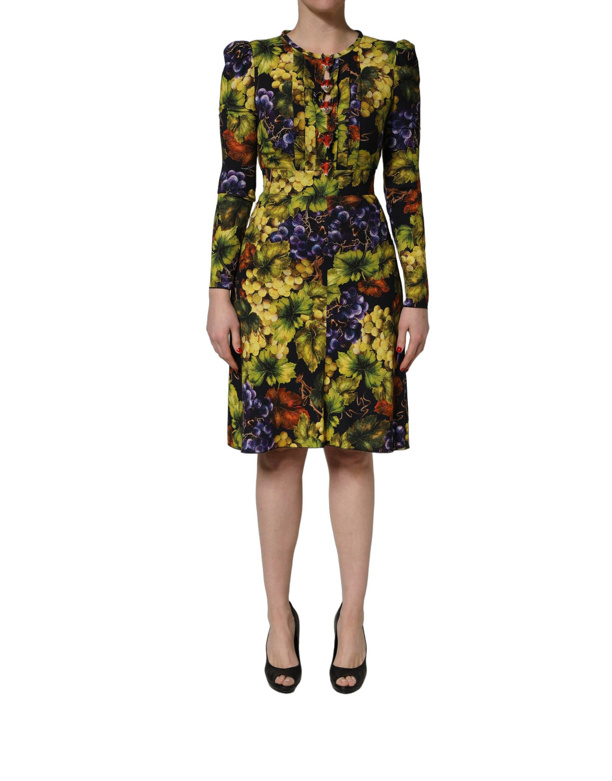 Dolce & Gabbana Multicolor Grape Print Long Sleeve Midi Dress