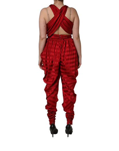 Dolce & Gabbana Red Plunging Halter Neck Draped Jumpsuit Dress