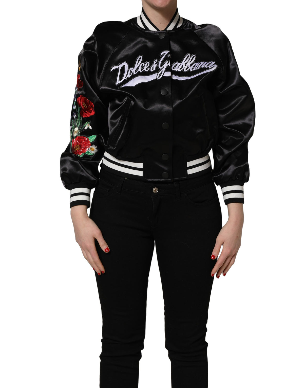 Dolce & Gabbana Black Satin Floral Varsity Bomber Jacket