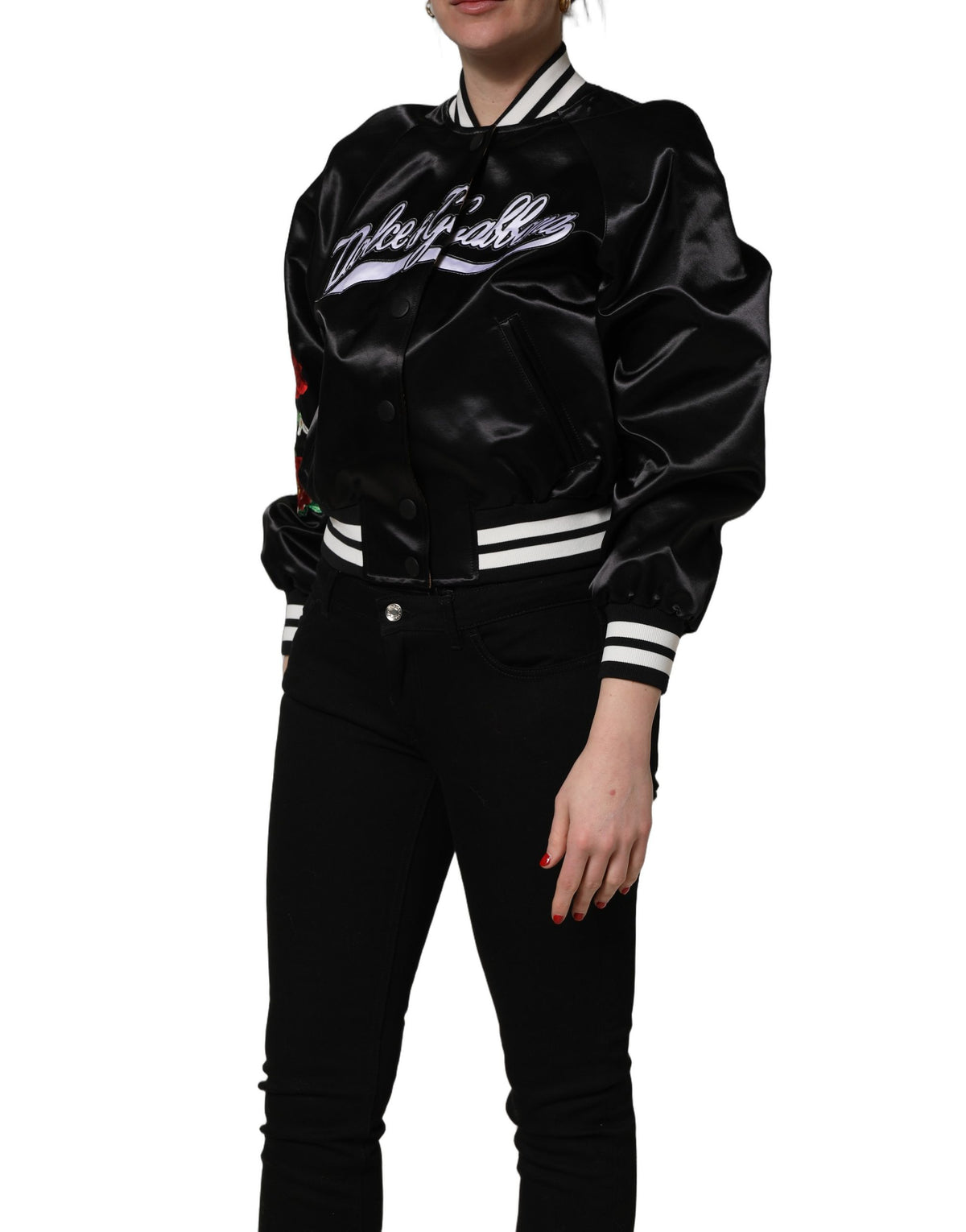 Dolce & Gabbana Black Satin Floral Varsity Bomber Jacket