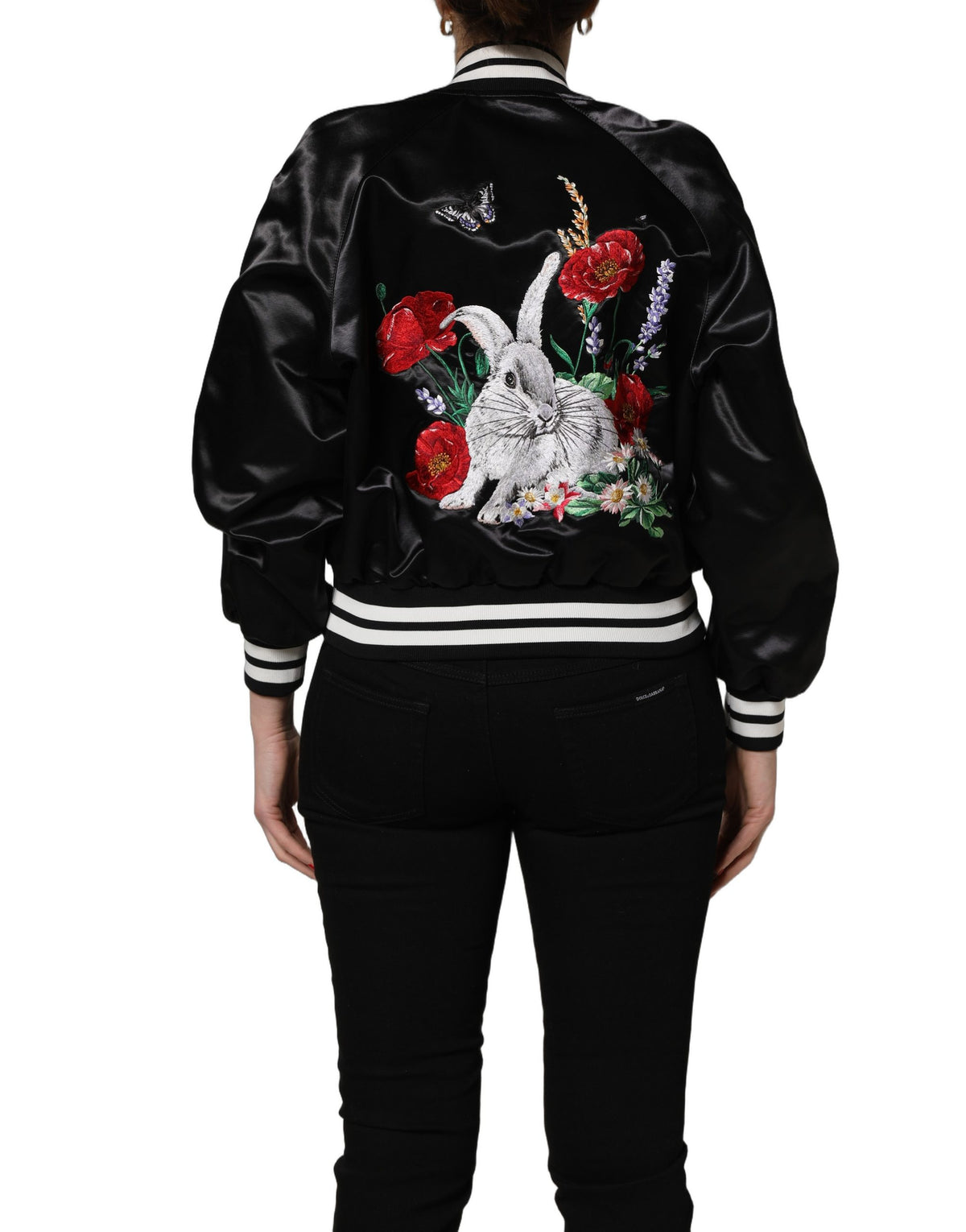 Dolce & Gabbana Black Satin Floral Varsity Bomber Jacket