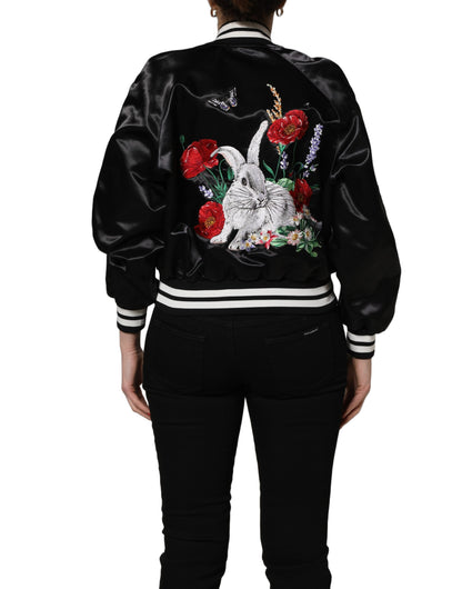 Dolce & Gabbana Black Satin Floral Varsity Bomber Jacket