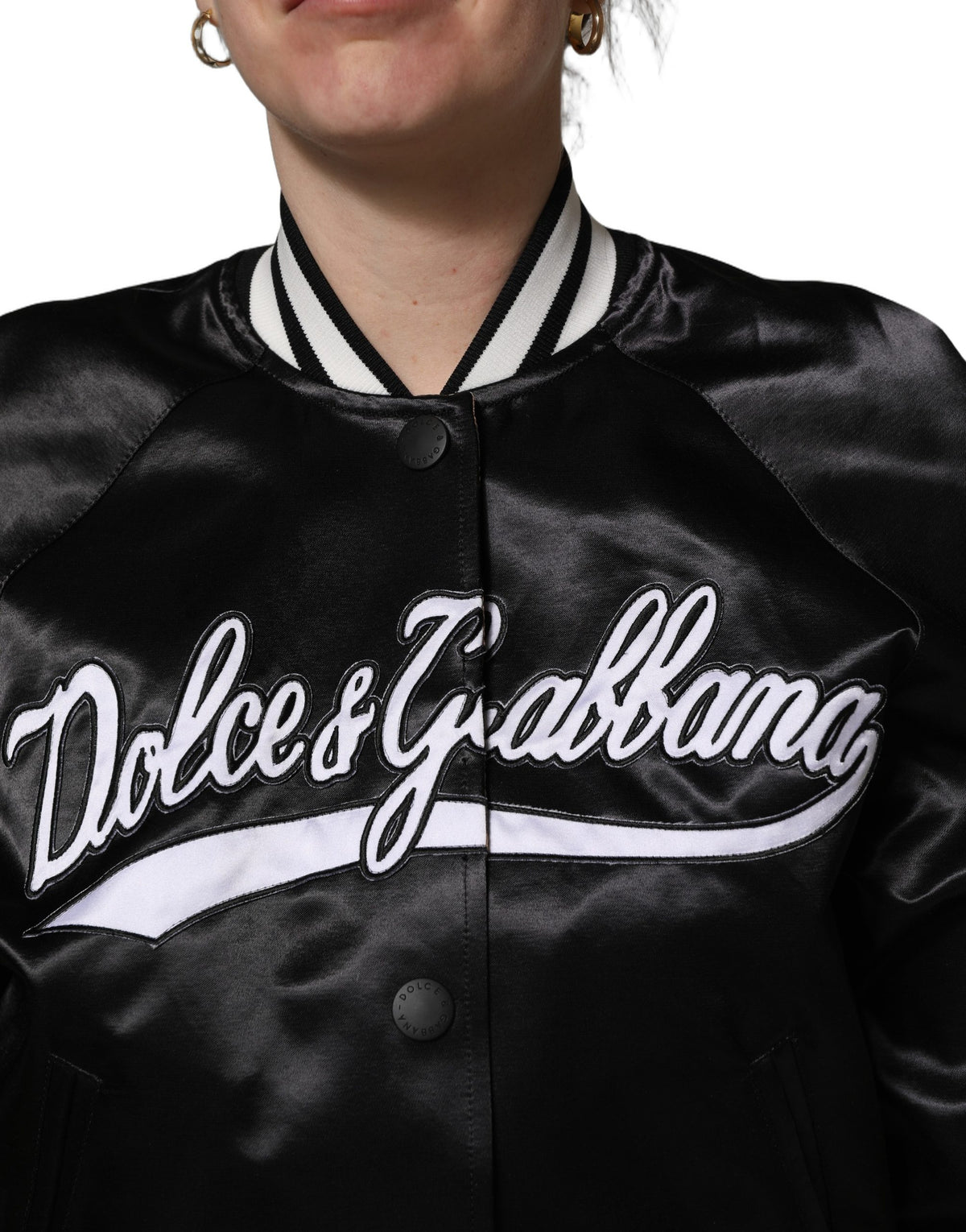 Dolce & Gabbana Black Satin Floral Varsity Bomber Jacket