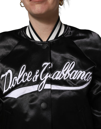 Dolce & Gabbana Black Satin Floral Varsity Bomber Jacket