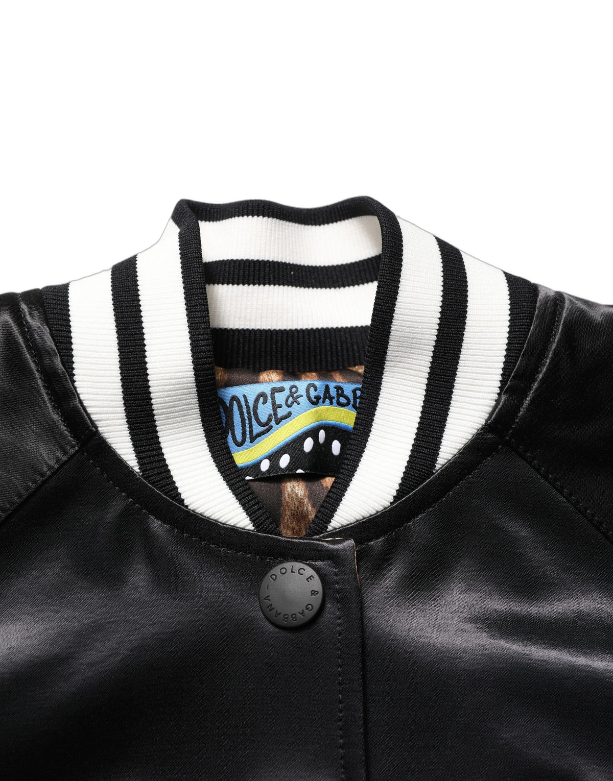 Dolce & Gabbana Black Satin Floral Varsity Bomber Jacket