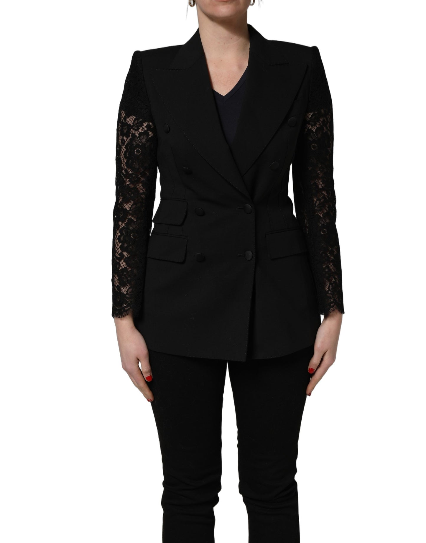 Dolce & Gabbana Black Wool Double-Breasted Lace Sleeve Jacket