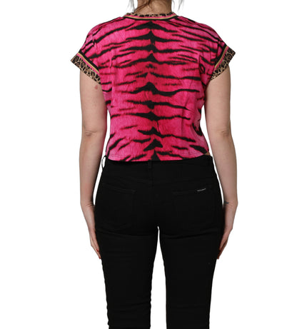 Dolce & Gabbana Pink Tiger Print Crew Neck Cropped T-shirt