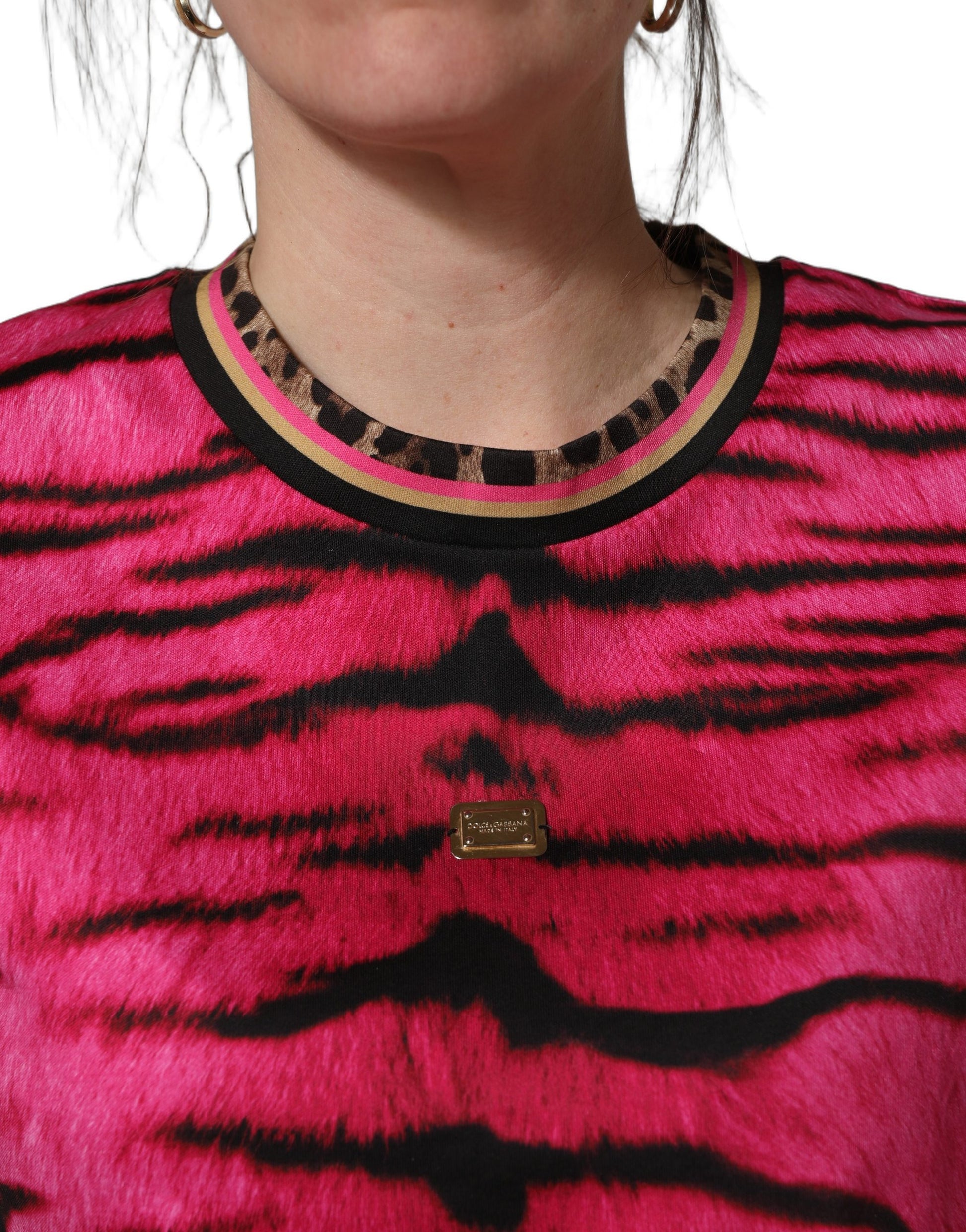 Dolce & Gabbana Pink Tiger Print Crew Neck Cropped T-shirt