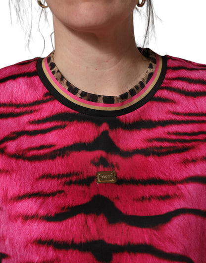 Dolce & Gabbana Pink Tiger Print Crew Neck Cropped T-shirt