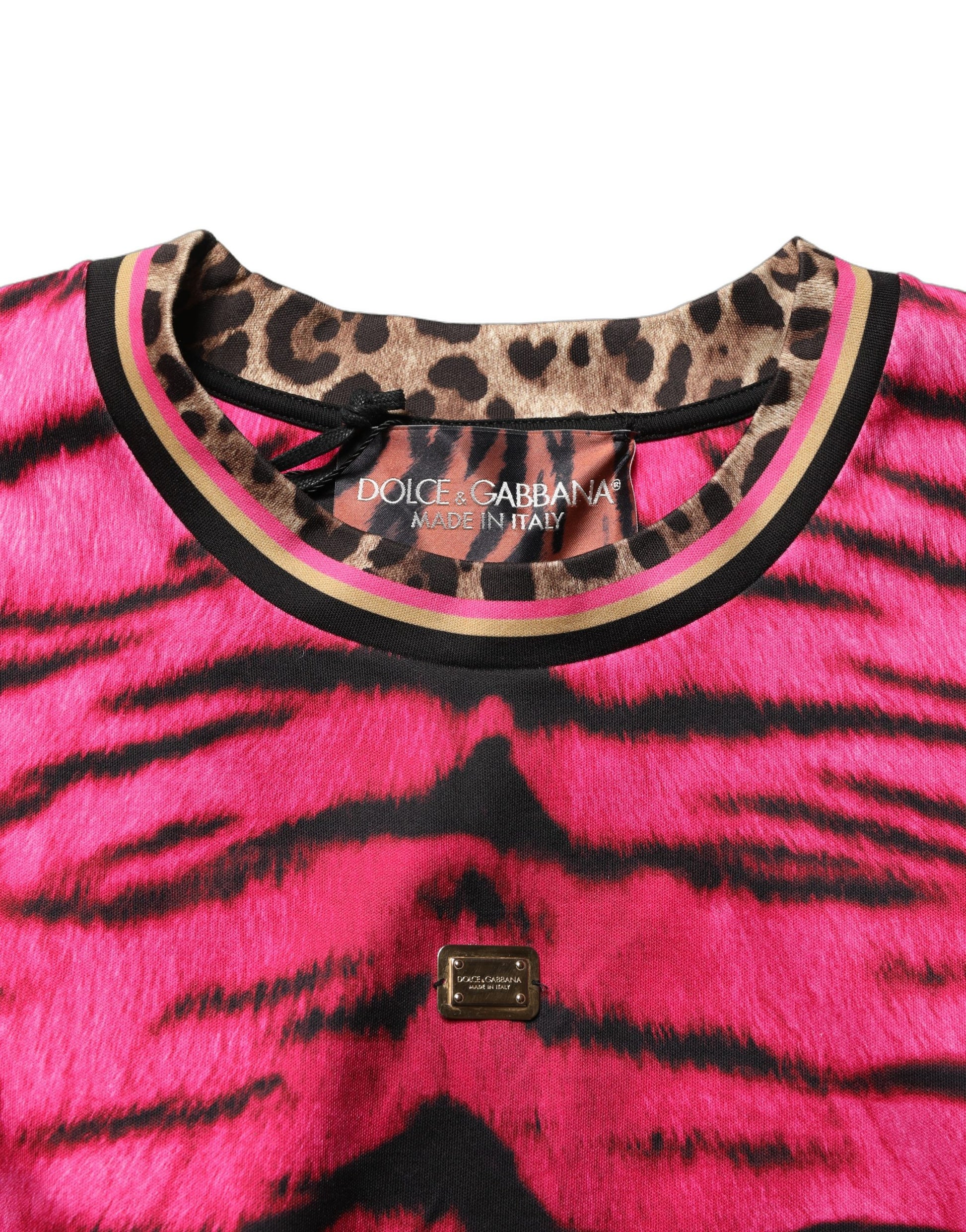 Dolce & Gabbana Pink Tiger Print Crew Neck Cropped T-shirt