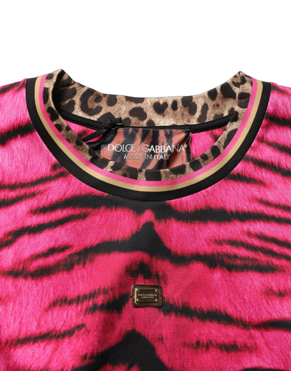 Dolce & Gabbana Pink Tiger Print Crew Neck Cropped T-shirt