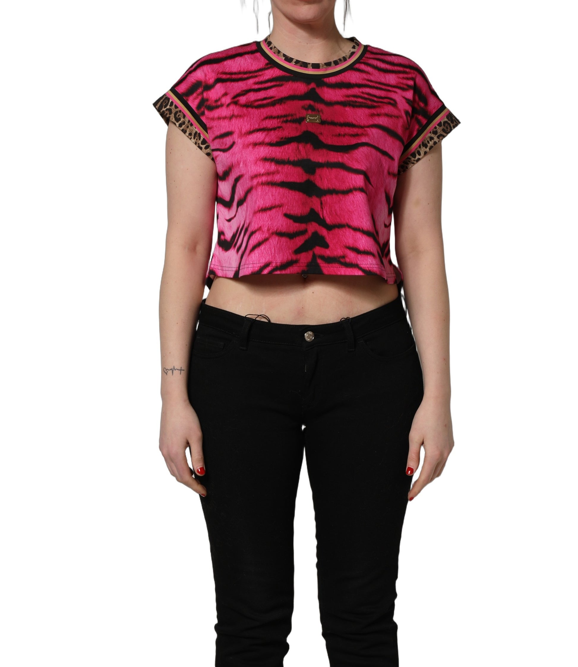 Dolce & Gabbana Pink Tiger Print Crew Neck Cropped T-shirt