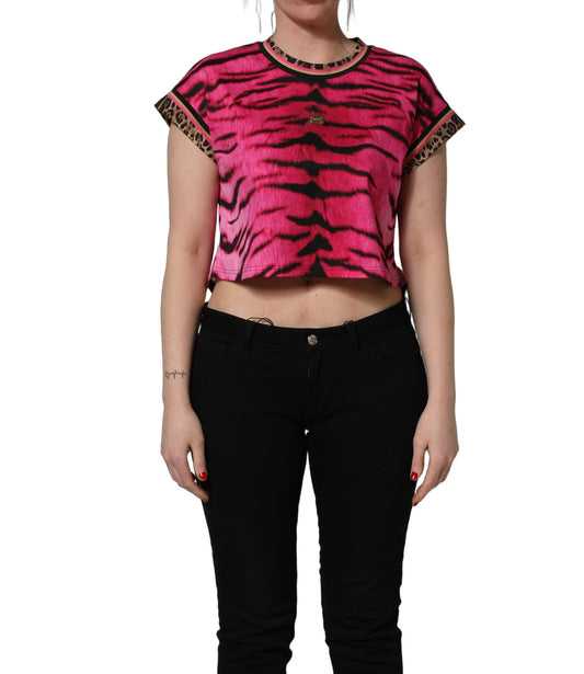 Dolce & Gabbana Pink Tiger Print Crew Neck Cropped T-shirt