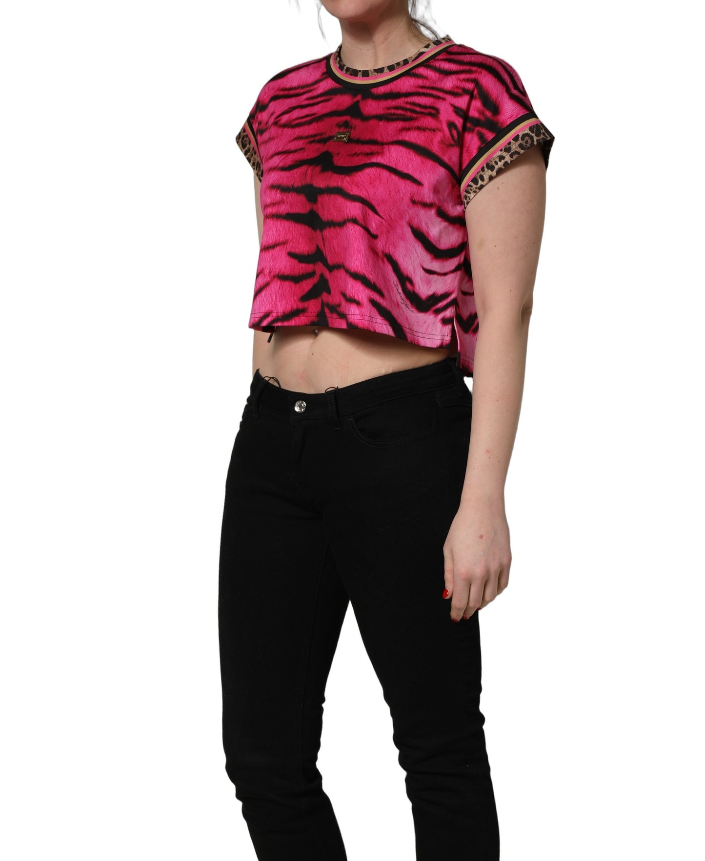 Dolce & Gabbana Pink Tiger Print Crew Neck Cropped T-shirt