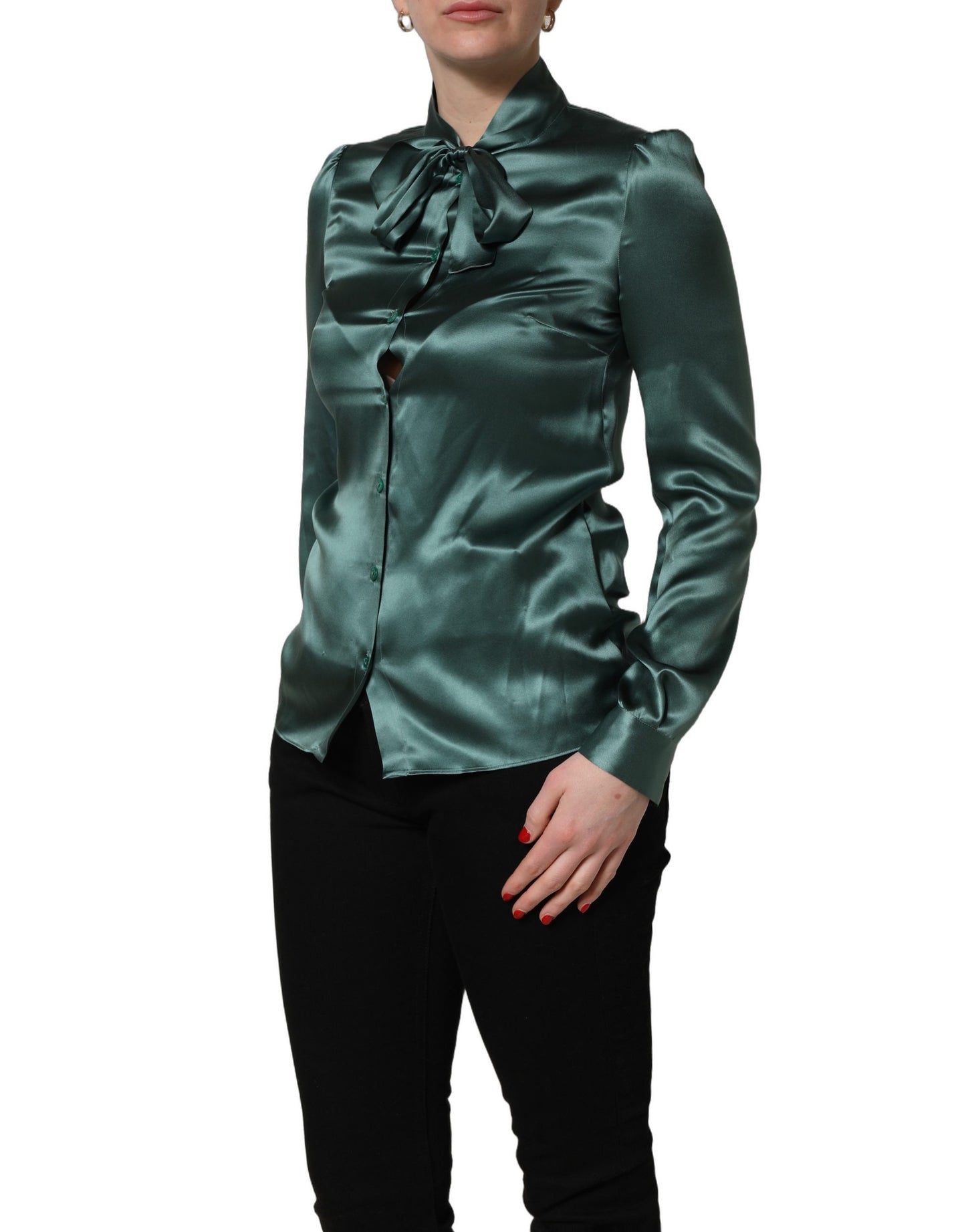 Dolce & Gabbana Dark Green Silk Satin Blouse Neck Tie Top