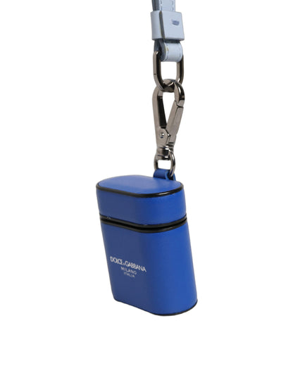 Dolce & Gabbana Blue Calf Leather Logo Flip Holder Strap AirPods Case