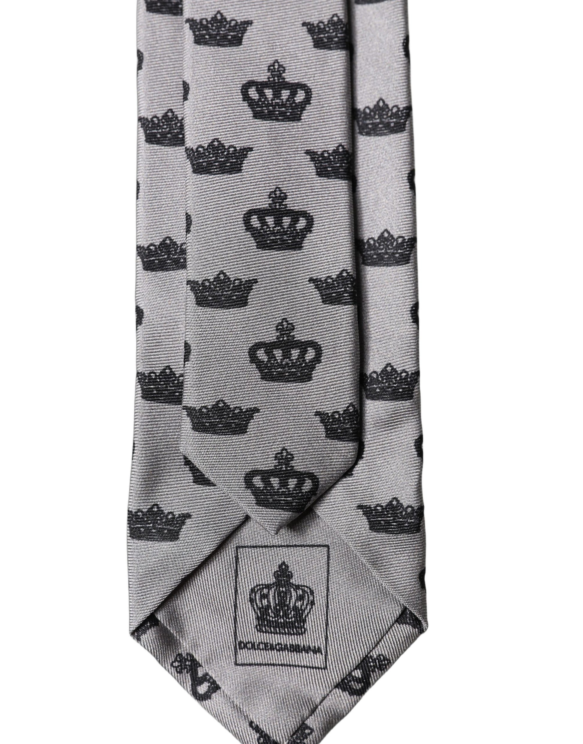Dolce & Gabbana Gray Crown Fantasy Silk Adjustable Necktie